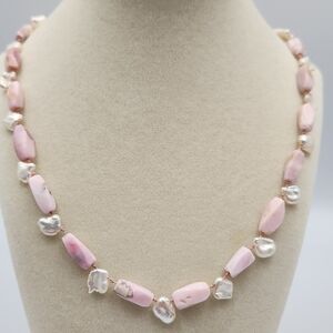 Elegant Natural Pink Opal and White Pearl Necklace